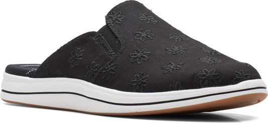 Black floral pattern slip-on shoe with a white platform sole.