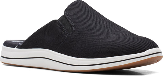 A black mule shoe with a white and brown sole.