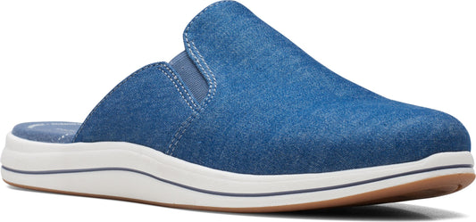 A slip-on denim shoe with a white sole.