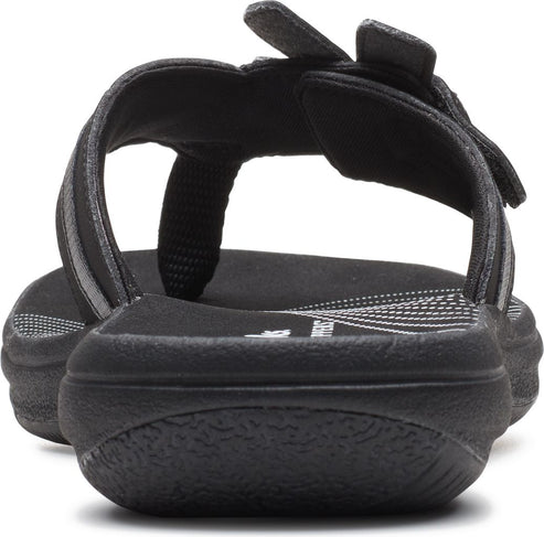 Black sandal with adjustable hook and loop straps.