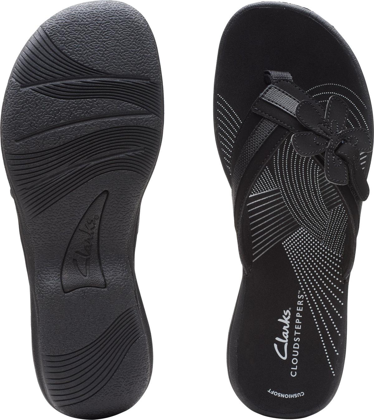 Two black flip-flops, one shows the sole and the other the inner sole and upper straps with a flower embellishment.