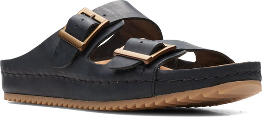 Black leather sandals with two straps and gold buckles.