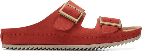 Red slide sandals with buckle straps.