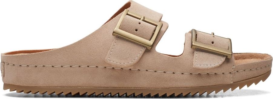 Beige slide sandal with two adjustable buckle straps and a sawtooth sole.