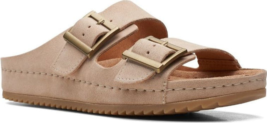 Beige slide sandal with two straps and gold buckles.