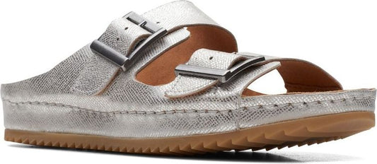 Silver slide sandal with two straps and adjustable buckles.