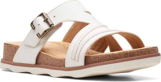 White sandal with adjustable buckle, triple strapped across the toe, and cork sole.