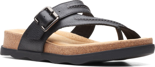 A black sandal with a buckle strap.