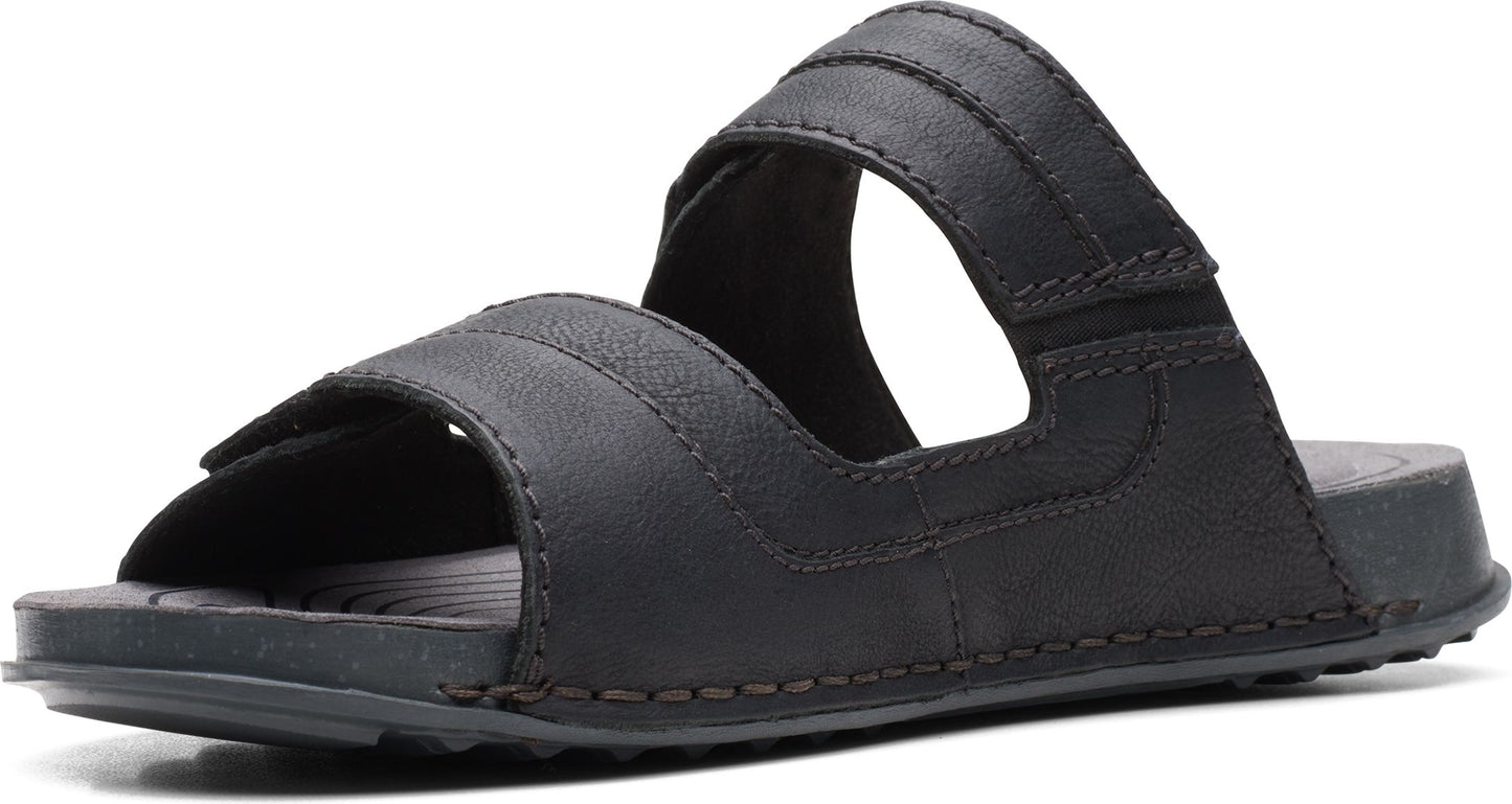 Black leather sandals with two adjustable hook and loop straps.
