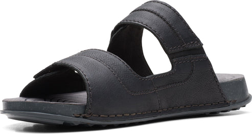 Black leather sandals with two adjustable hook and loop straps.