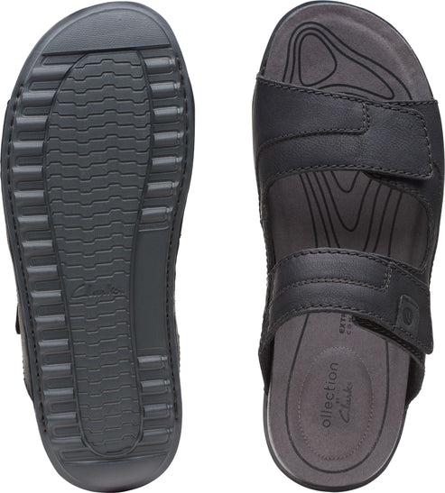Black sandals showing soles and top view with two straps and adjustable fasteners.