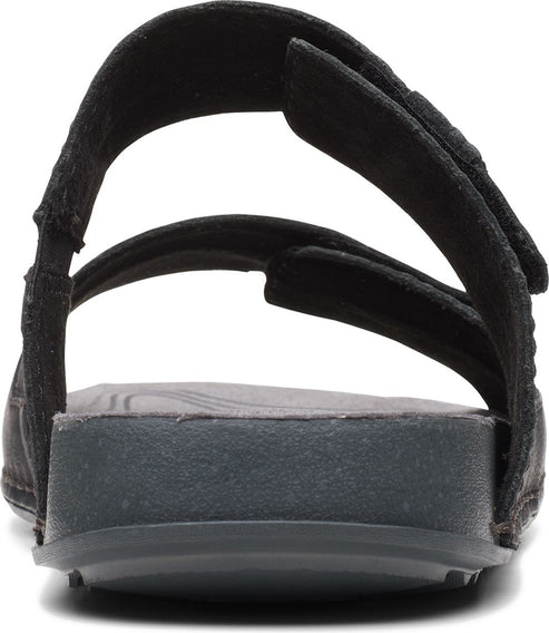 Back view of a black sandal with two straps and a grey sole.