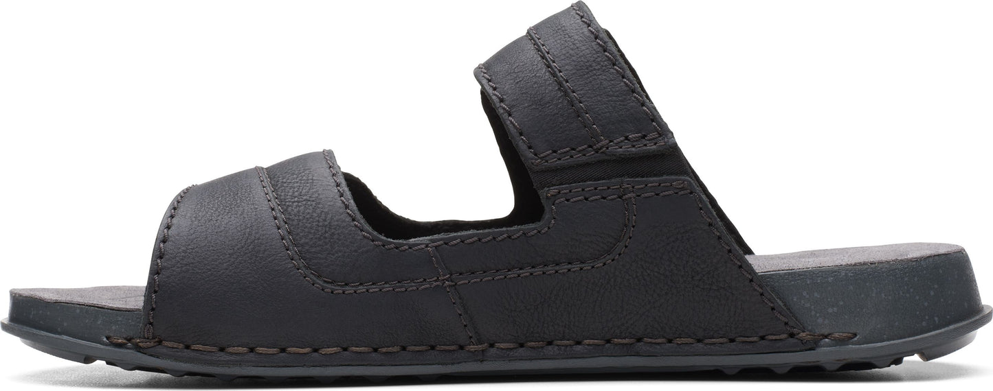 Black sandal with two straps.
