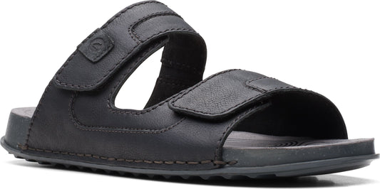 Black sandal with adjustable straps.