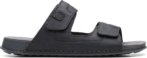 A black sandal with two straps.