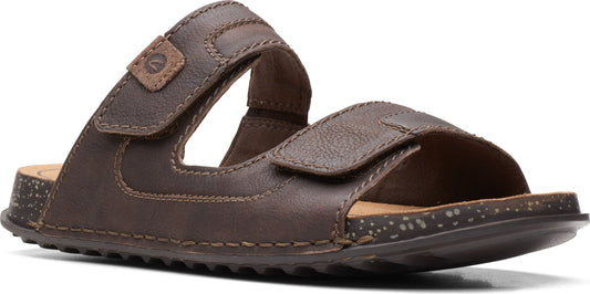 A dark brown leather sandal with two adjustable straps.