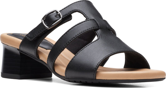 Black leather block heel sandal with an adjustable buckle strap.
