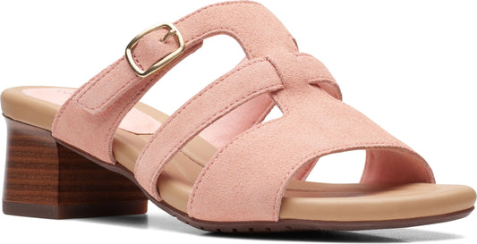 Pink suede heeled slide sandal with an adjustable buckle.