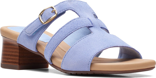 Periwinkle heeled sandal with buckle.