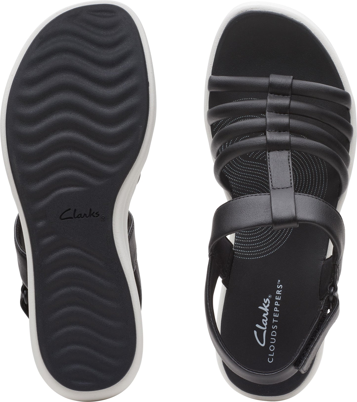 Black leather sandals with a white sole; the insole has "Clarks CLOUDSTEPPERS" printed on it.
