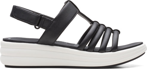 A black sandal with an adjustable strap and a white platform sole.