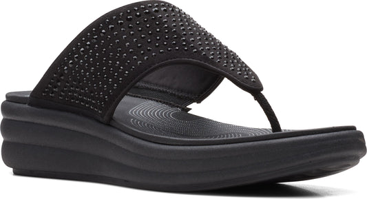 Black platform sandal with studded toe strap.
