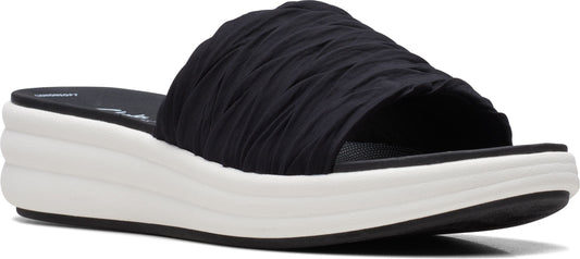 A black slide sandal with a ruched upper and a white platform sole.