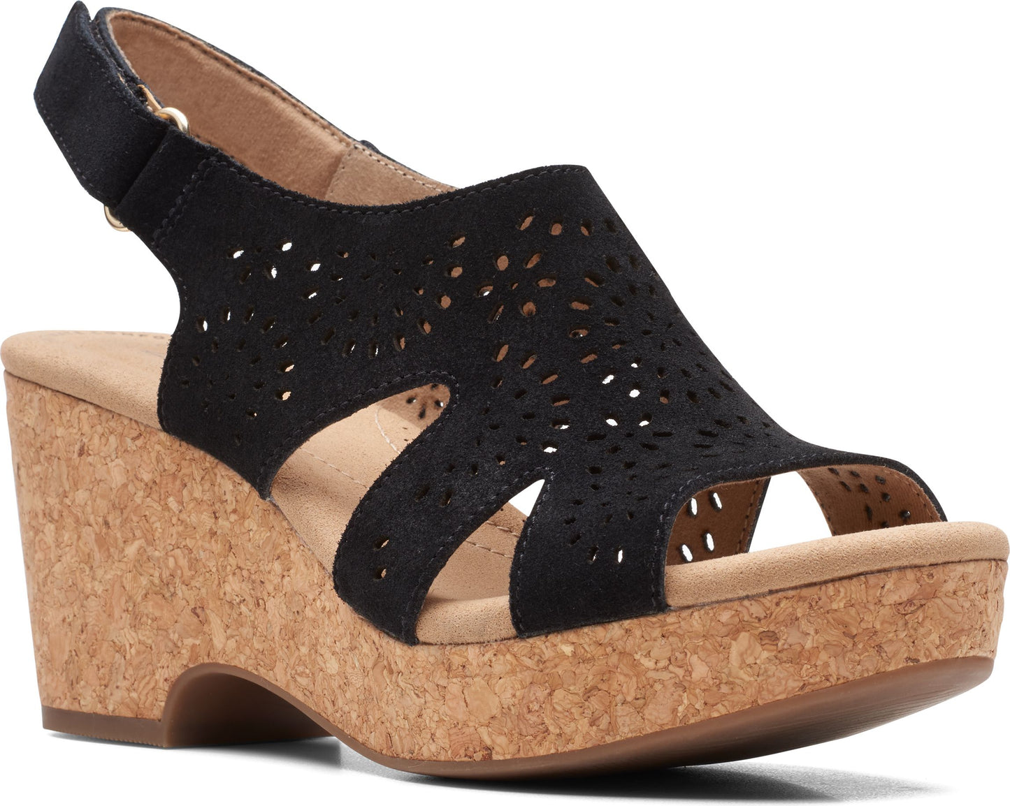 Black wedge sandal with cork platform and laser cut design.