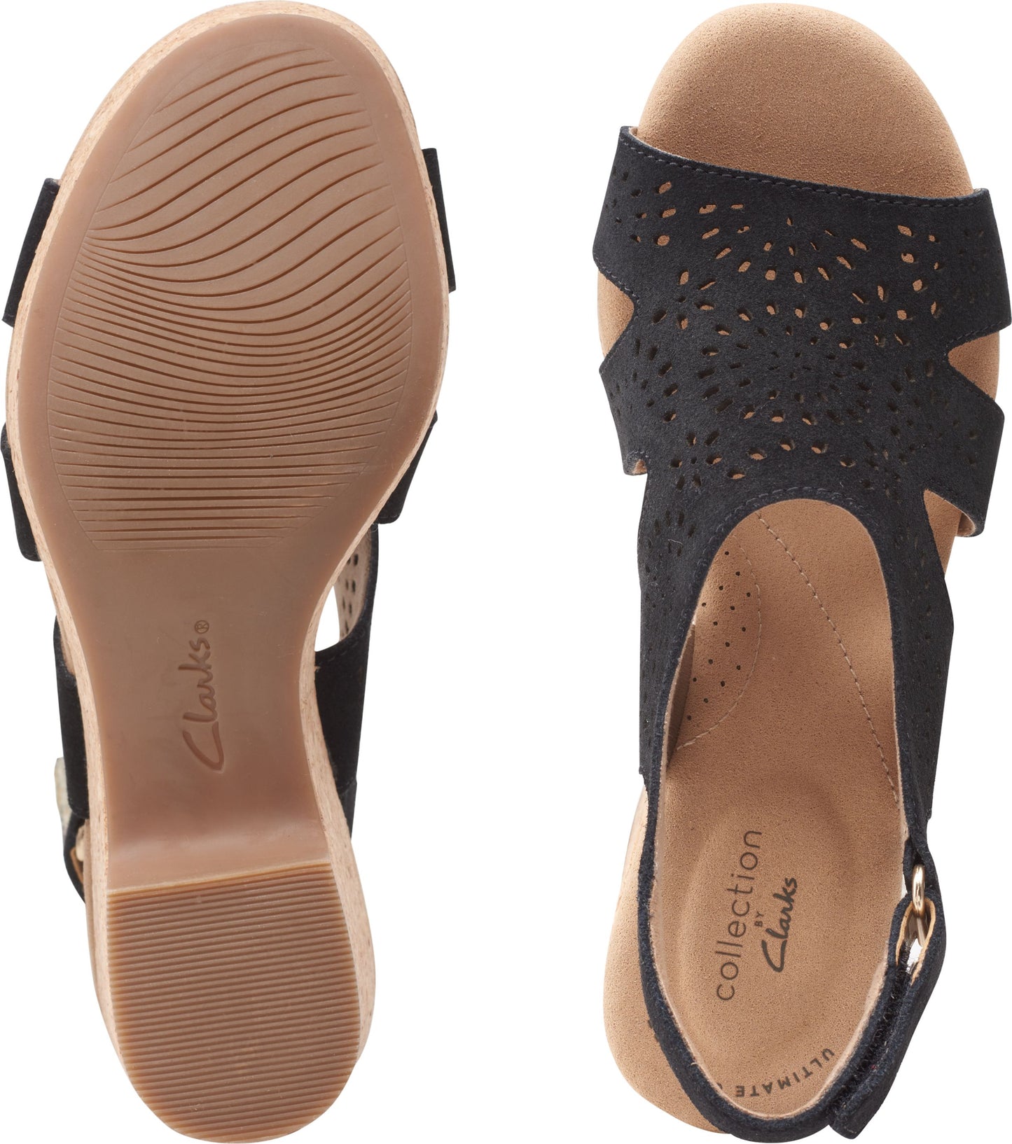 Black wedge heel sandals with cutout straps; open toe and ankle strap with buckle.