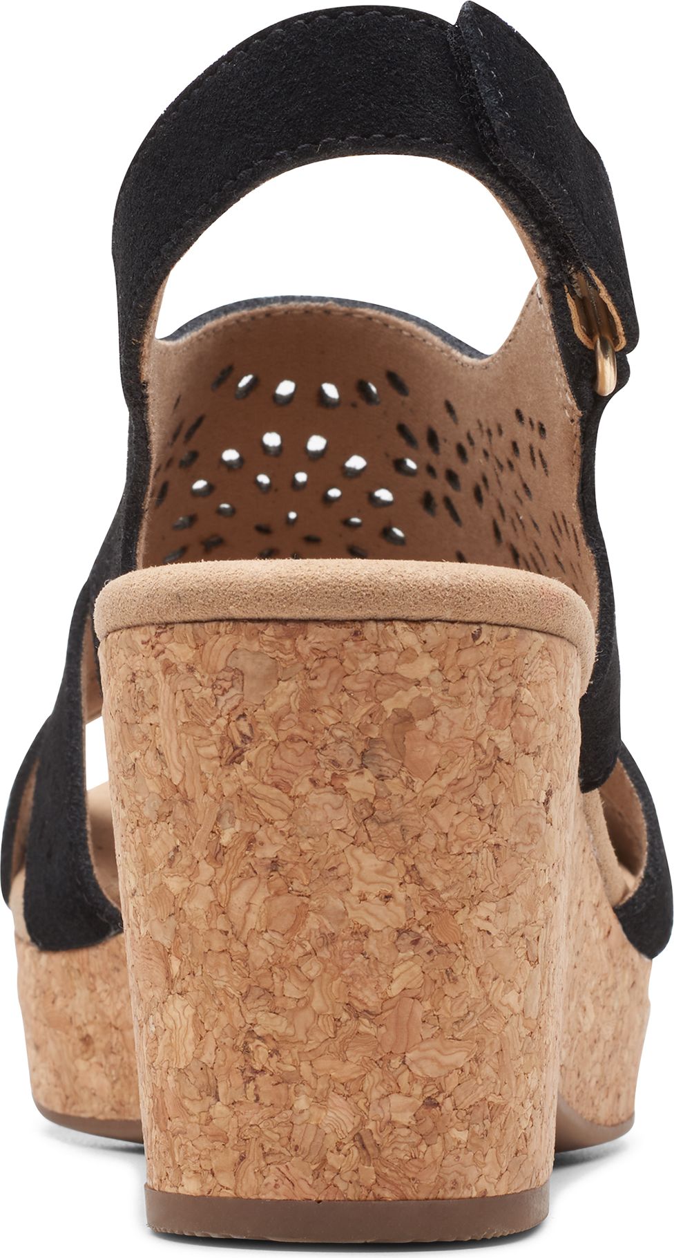 black suede wedge sandal with cork heel, cutout details on back