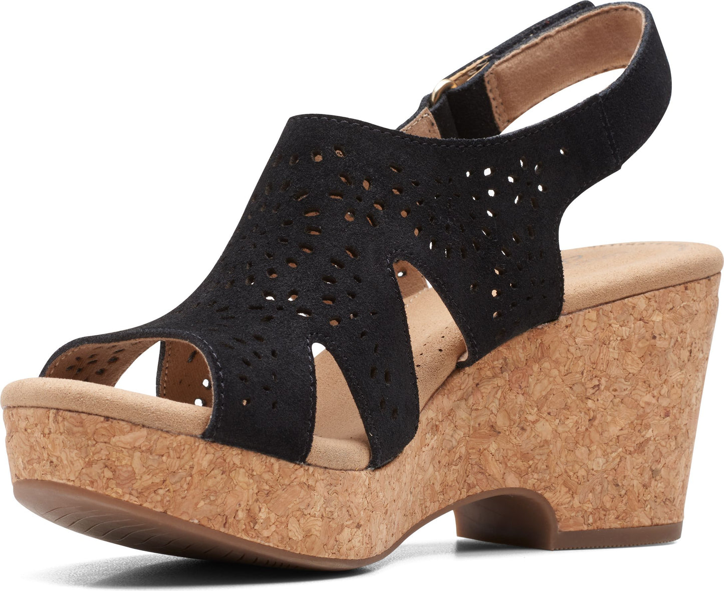 Black suede wedge sandal with laser cutouts, buckle ankle strap, and cork platform.