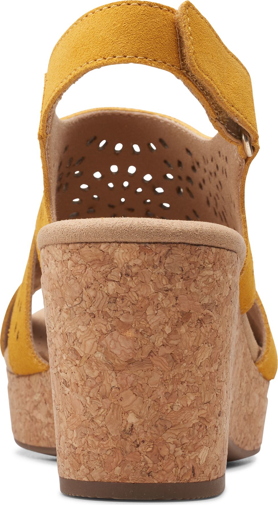 A yellow wedge sandal with a cork heel and an ankle strap.
