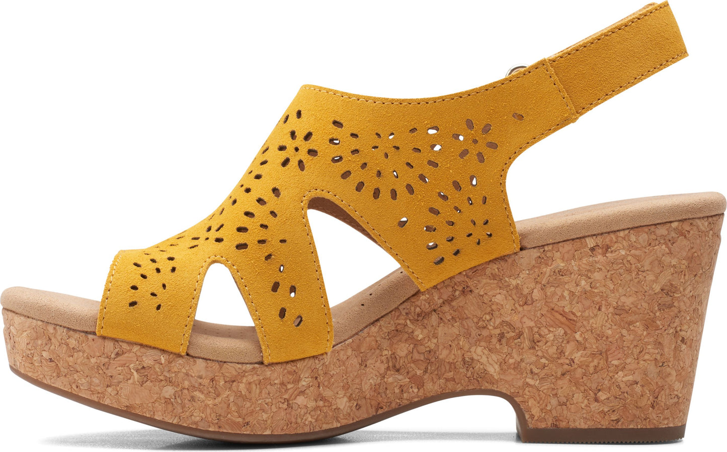 Yellow floral patterned wedge sandal with cork sole and adjustable ankle strap.
