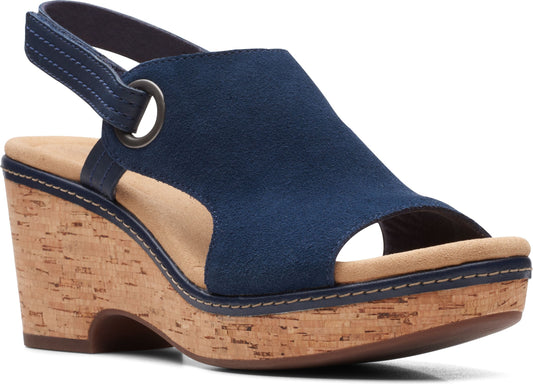 Navy open-toe wedge sandal with cork platform and slingback.