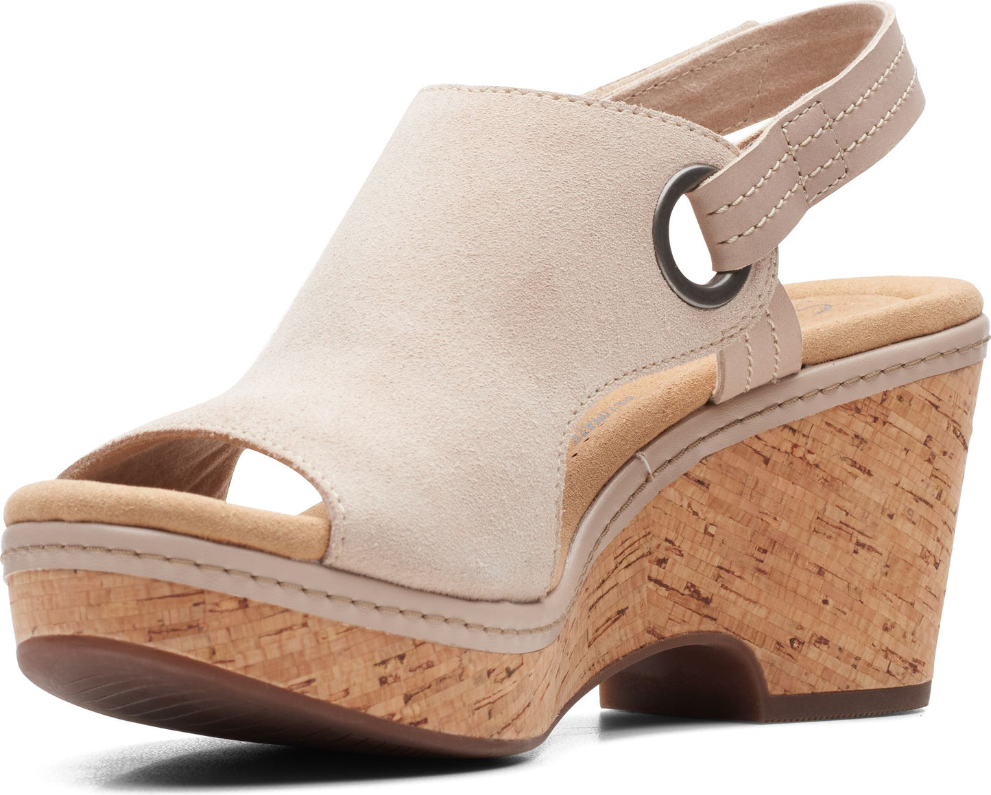 Beige suede wedge heel sandal with peep toe and cork platform.