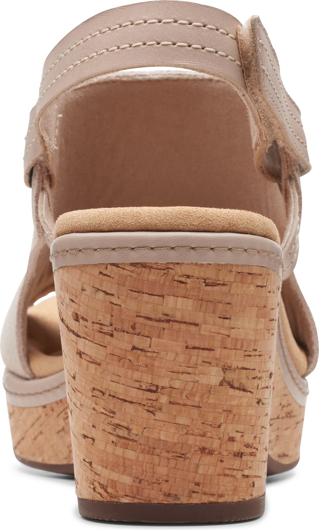 Back view of a platform sandal featuring a cork heel and beige leather straps.