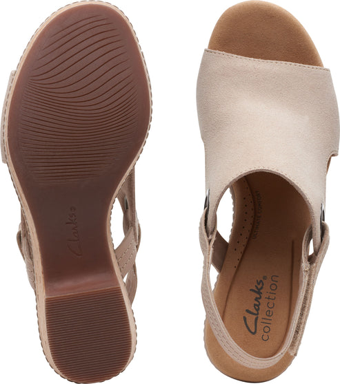 Two light brown wedge sandals with open toe. The sandal has a chunky heel and the insole has 'Clarks collection' printed on it.