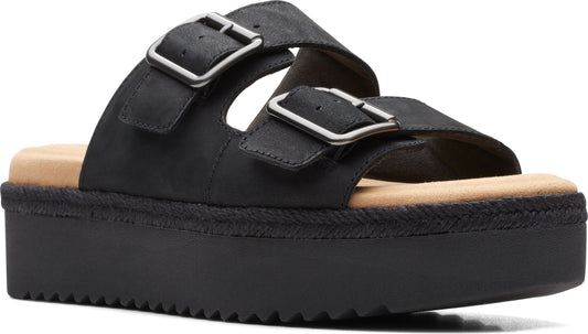 Black platform sandal with two straps and silver buckles.
