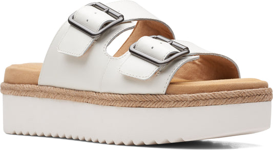 White platform sandal with two buckled straps and a woven midsole.