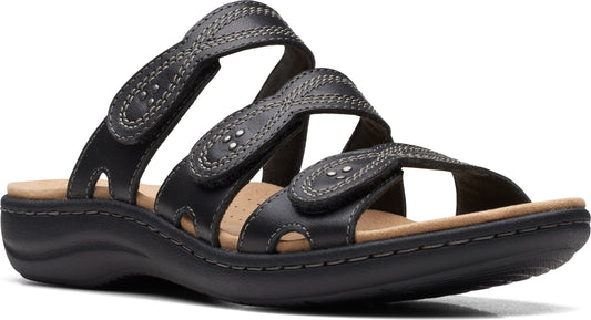 Black leather slide sandals with adjustable straps, stitching detail and a molded footbed.