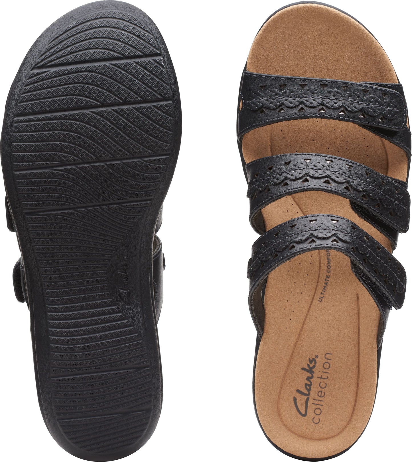 Two black sandals: one shows the bottom which is ridged for traction; the other shows the upper with three straps of decorative punched-hole leather, a brown insole, and the text "Clarks collection ULTIMATE COMFORT".