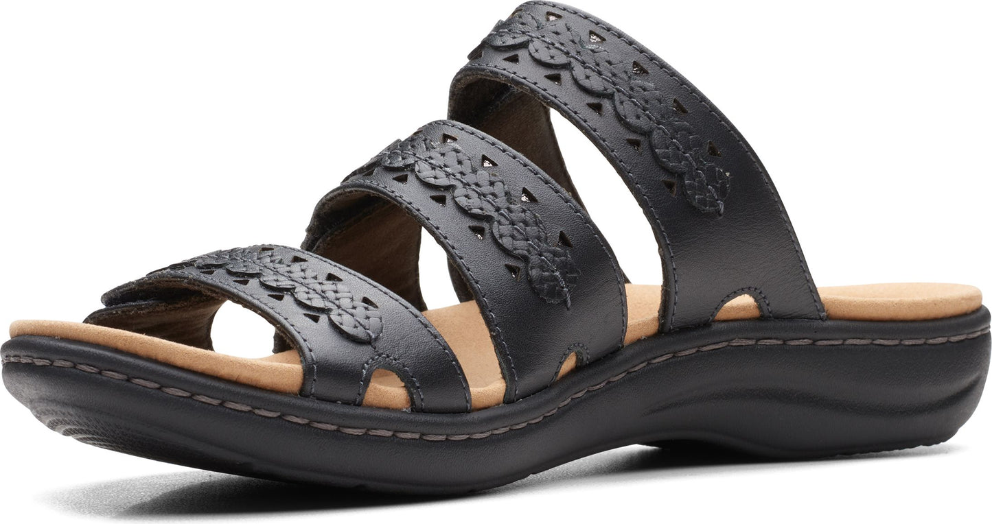 Black leather sandal with three decorative straps.