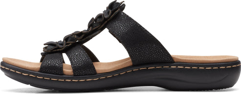 Black sandal with a flower detail.