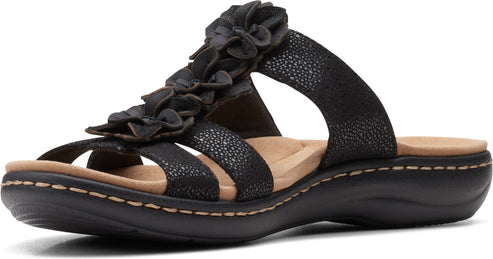 Black sandal with floral embellishments and two straps.