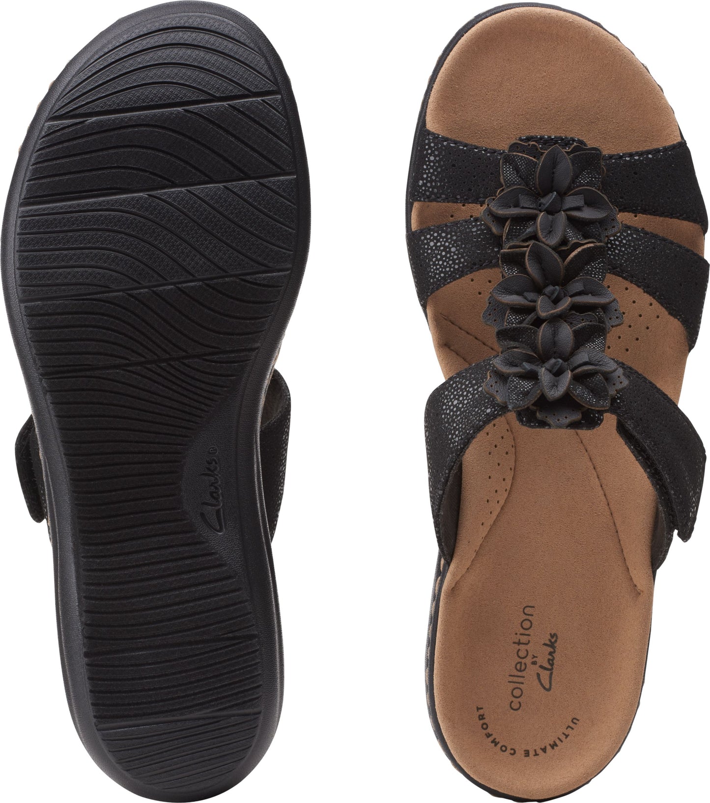 Black sandal with floral embellishments, adjustable straps, and patterned sole.