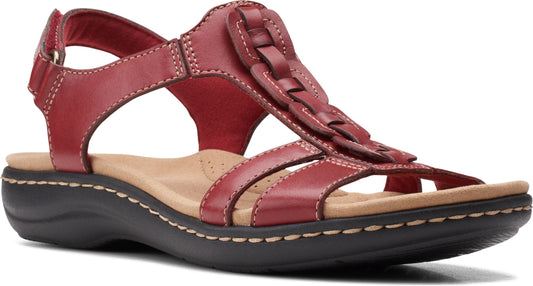 Red leather sandal with adjustable ankle strap and woven detail.