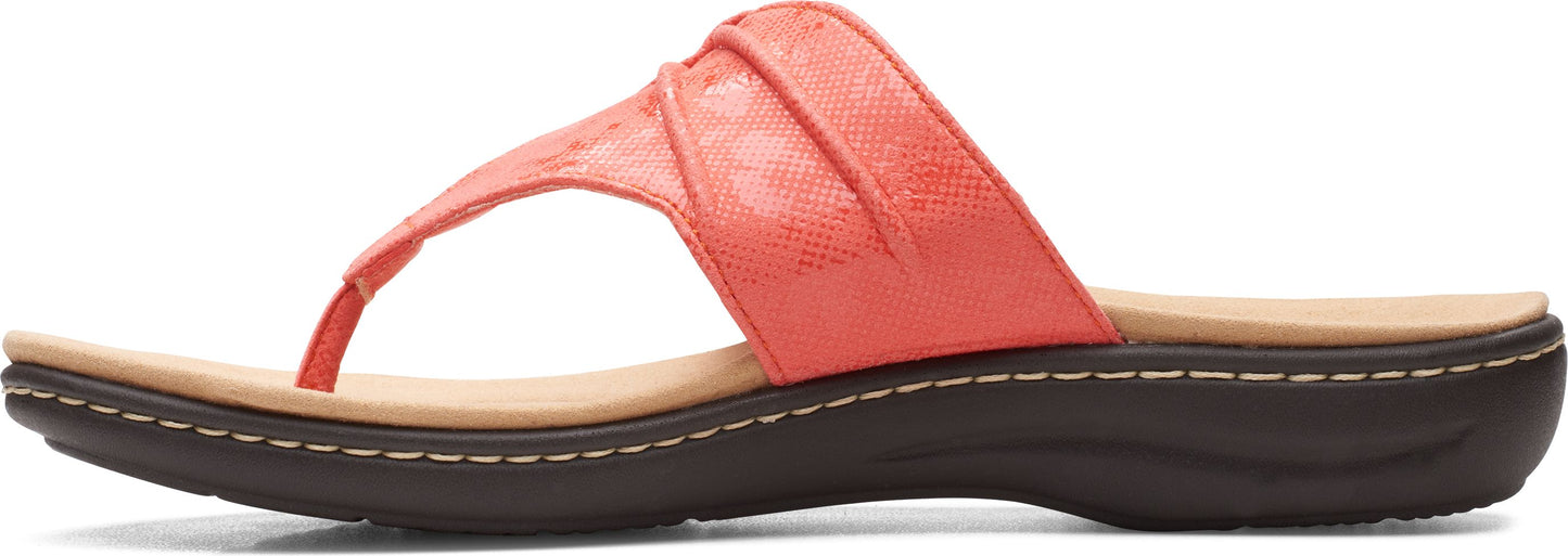 Coral thong sandal with a ruched toe strap and brown sole.