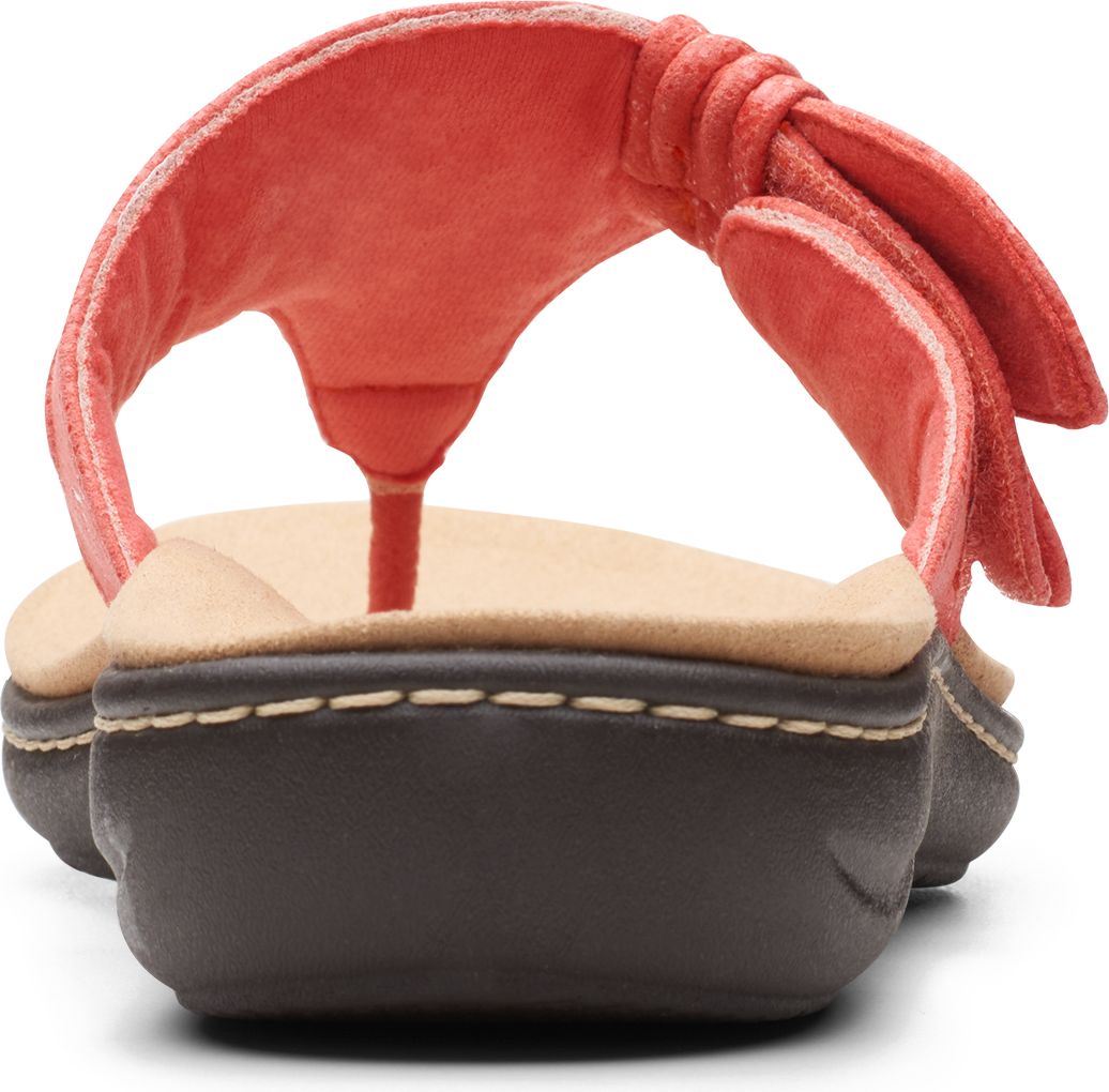 Back view of coral thong sandal with knotted fabric toe post.
