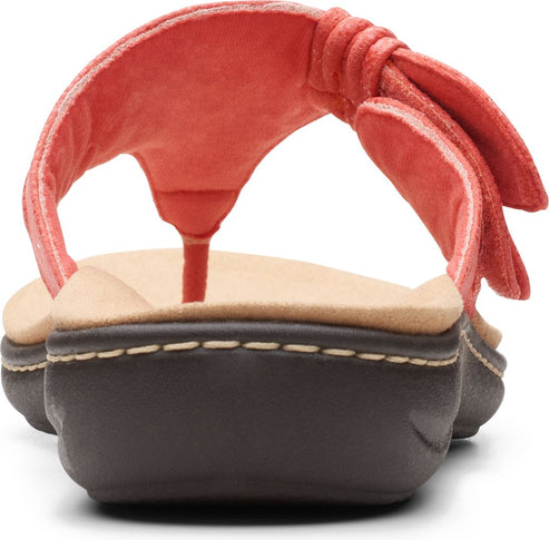 Back view of coral thong sandal with knotted fabric toe post.