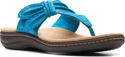 A sandal with a toe post and a blue knotted detail on the strap.